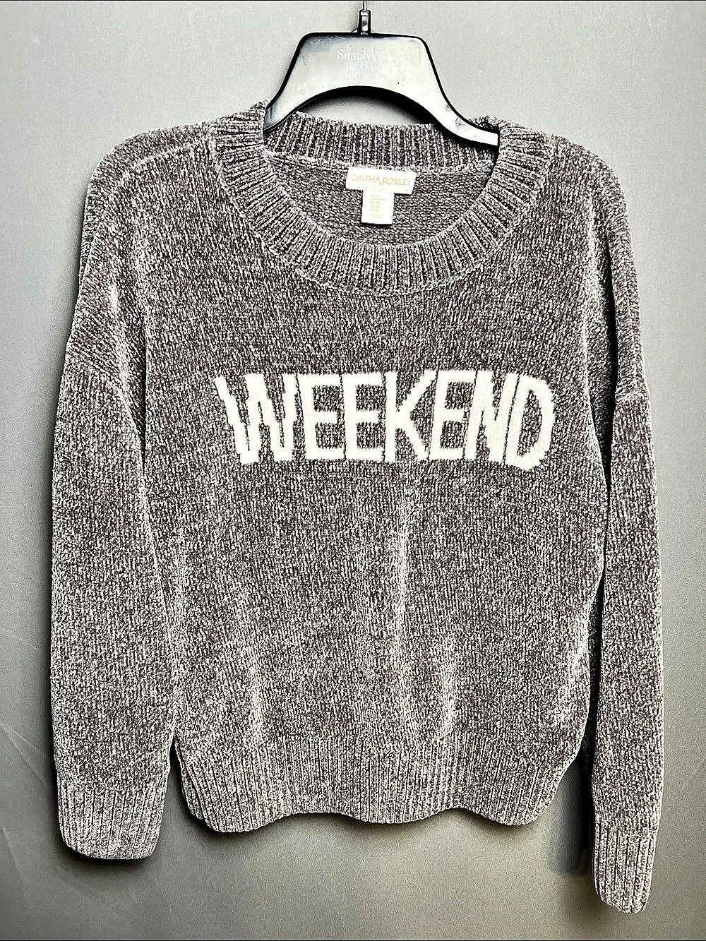 Cynthia Rowley Weekend Chenille Graphic Sweater Gray XL Cozy Knit Pullover